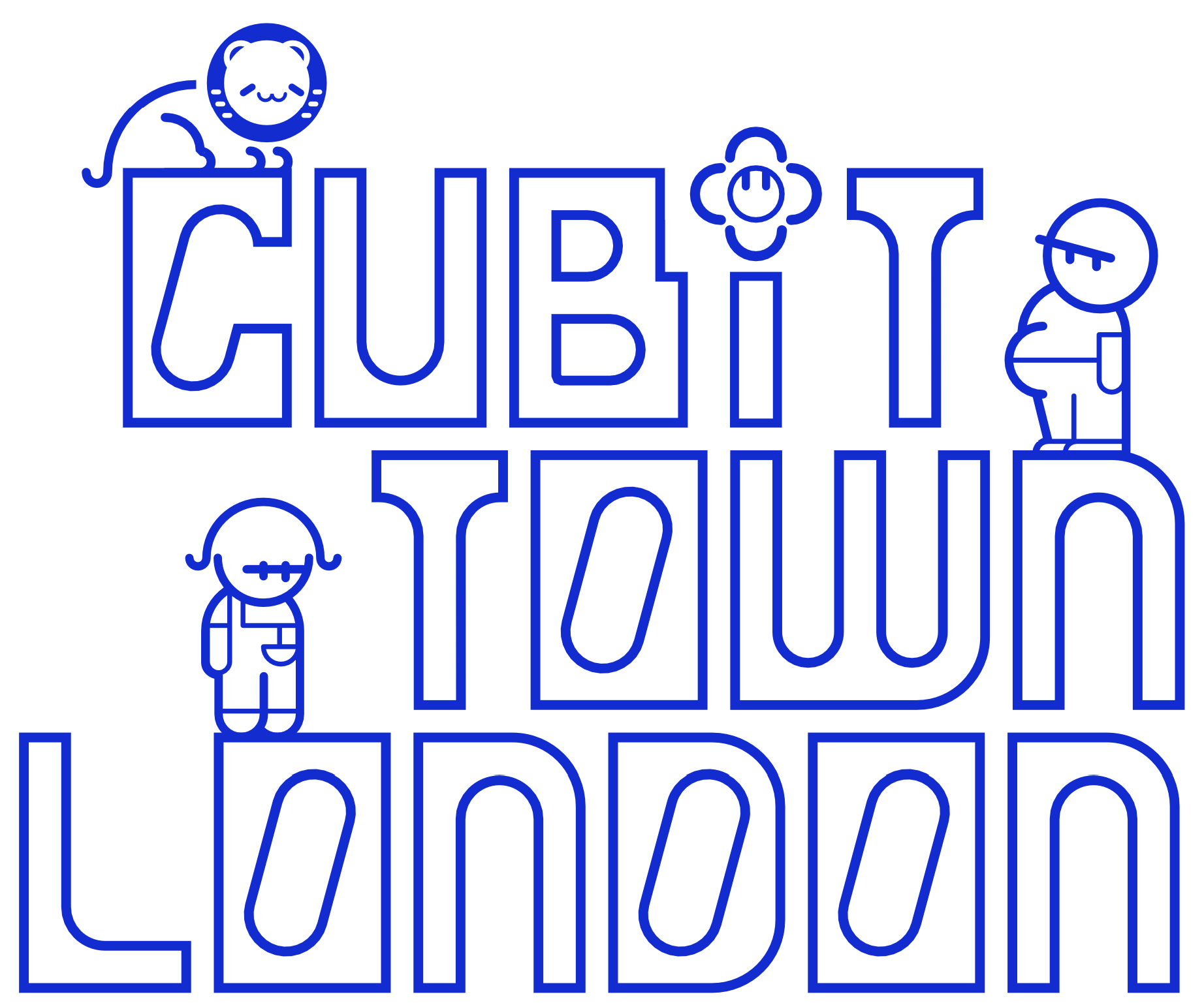 Blue InMoon CUBITTOWN London lettering inhabited by character heads and figures